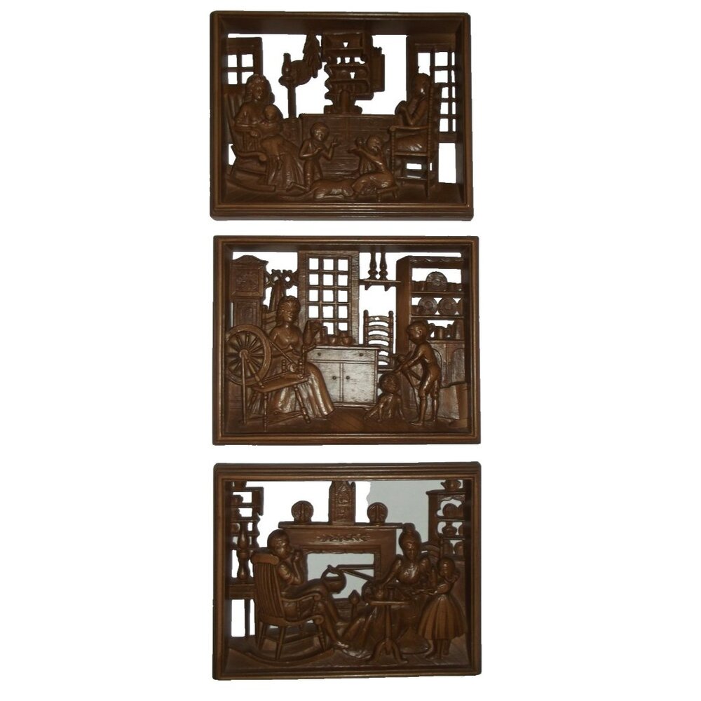 3 Burwood Vtg Wall Art Hanging Plaque 3D MCM Reading Time Hearth Spinning Wheel